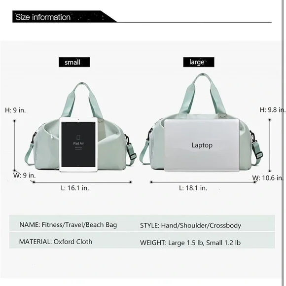 Duffle Gym Bag Separate Shoes Pocket Wet and Dry Separation Small Mint Green - Picture 7 of 10